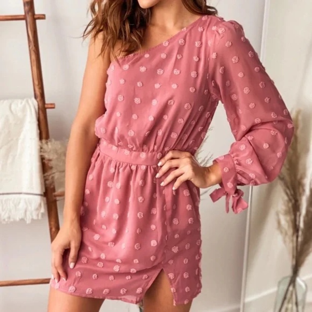 one shoulder link polka dot dress
